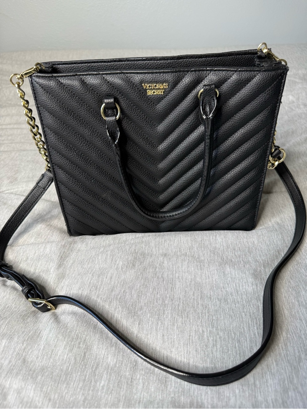 Victoria's Secret Black Quilted Chevron Tote with Chain Strap